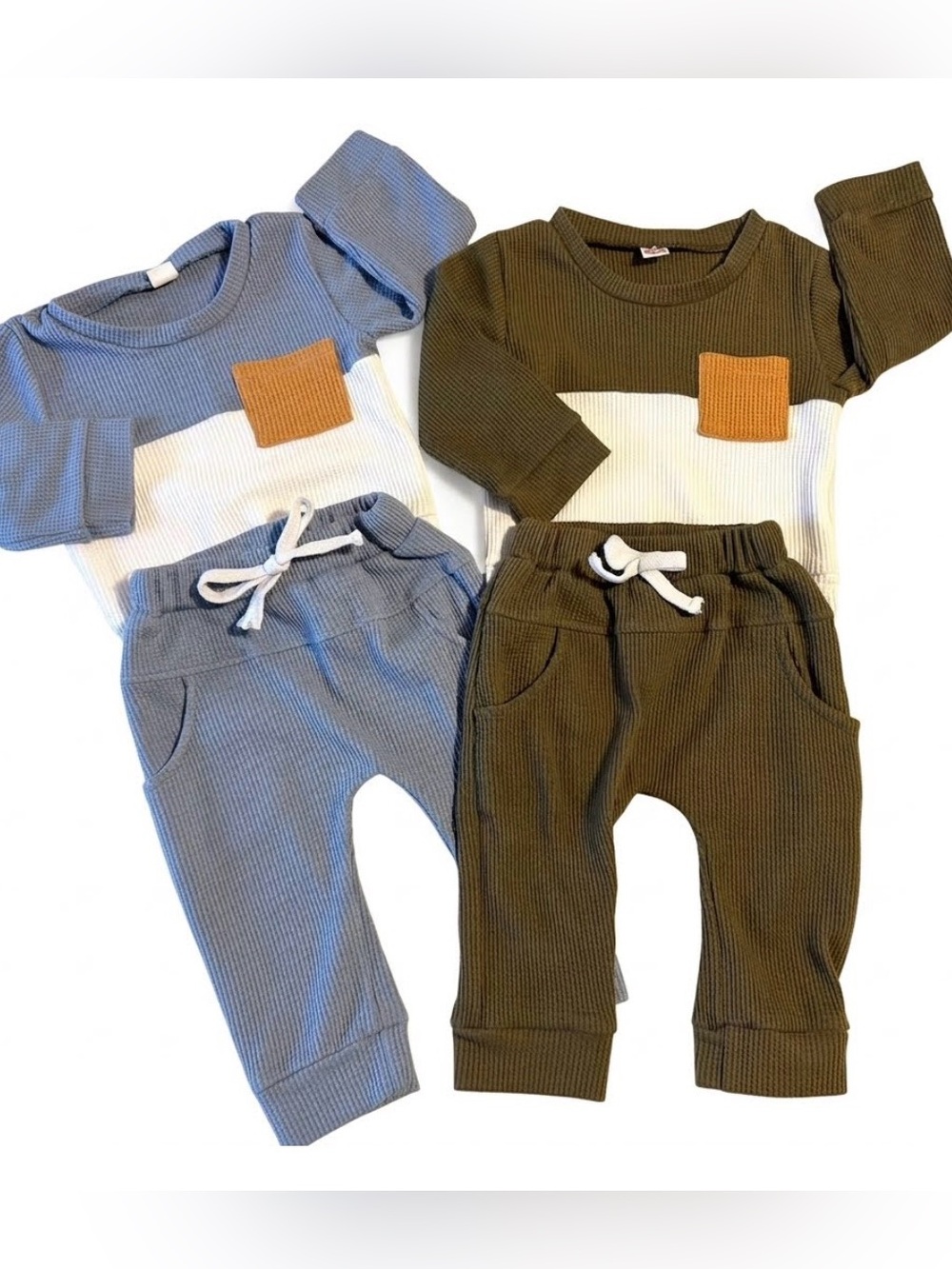 Set of 2 Baby Colorblock Waffle Knit Sweatshirt & Jogger Sets Size 80 (US 6-12m)